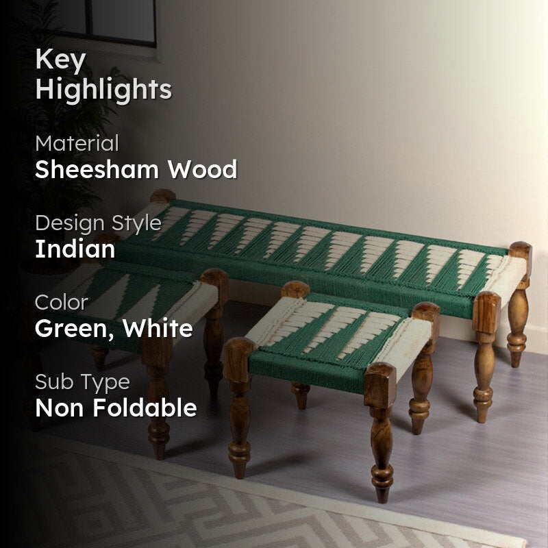 Brevon Sheesham Wooden Bench with Stools (Green,White) - Three Piece Set media 2