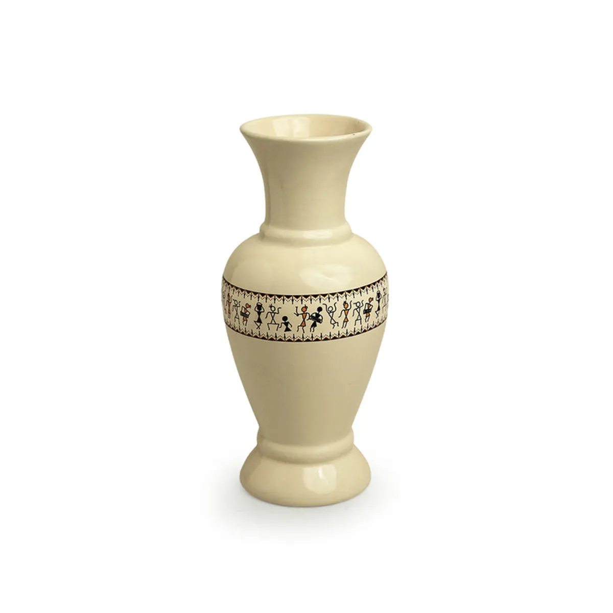 Front view of a white ceramic pitcher vase with Warli-style border