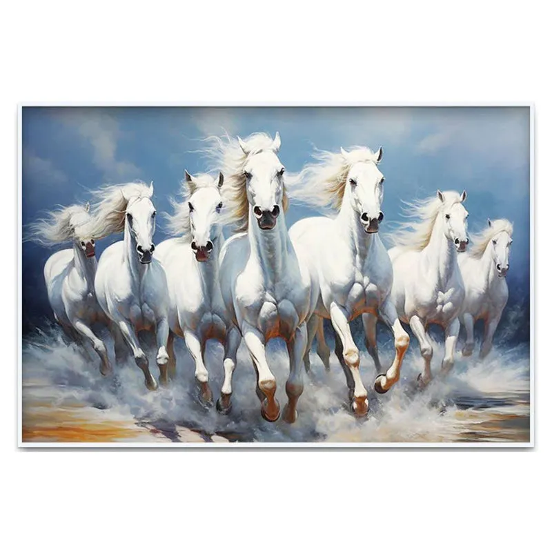 Stallions In Wind Canvas Wall Painting With Frame - White media 3