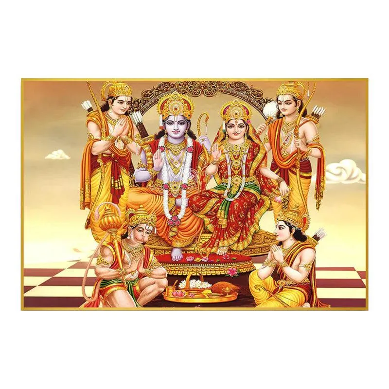 Royal Family Of Ayodhya Spiritual Canvas Wall Painting With Frame - Gold media 4