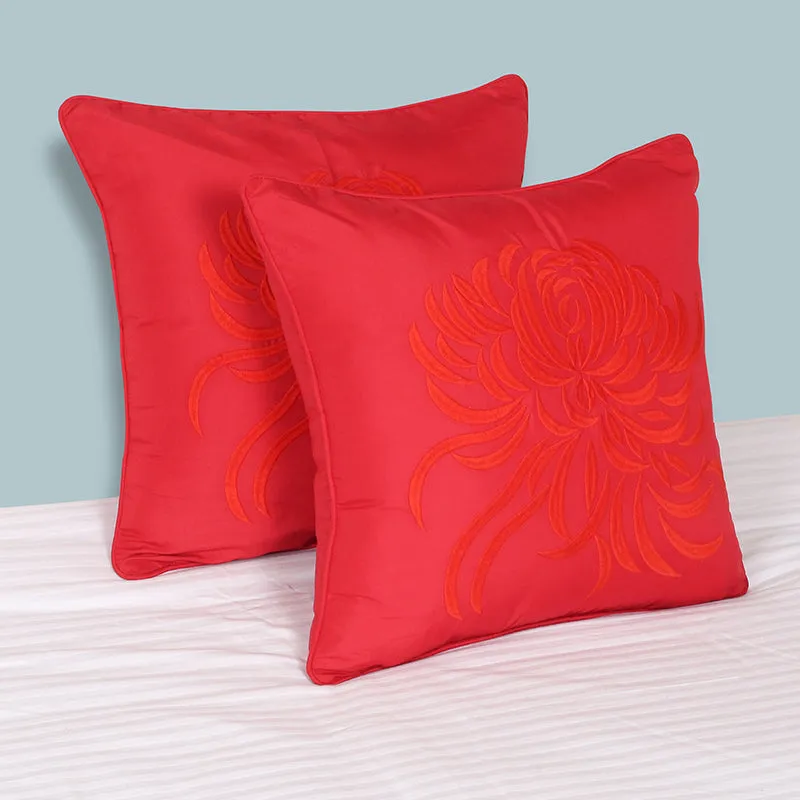 Mayflower Blooms Embroidered Cushion Cover (Red) - Set Of Two media 1