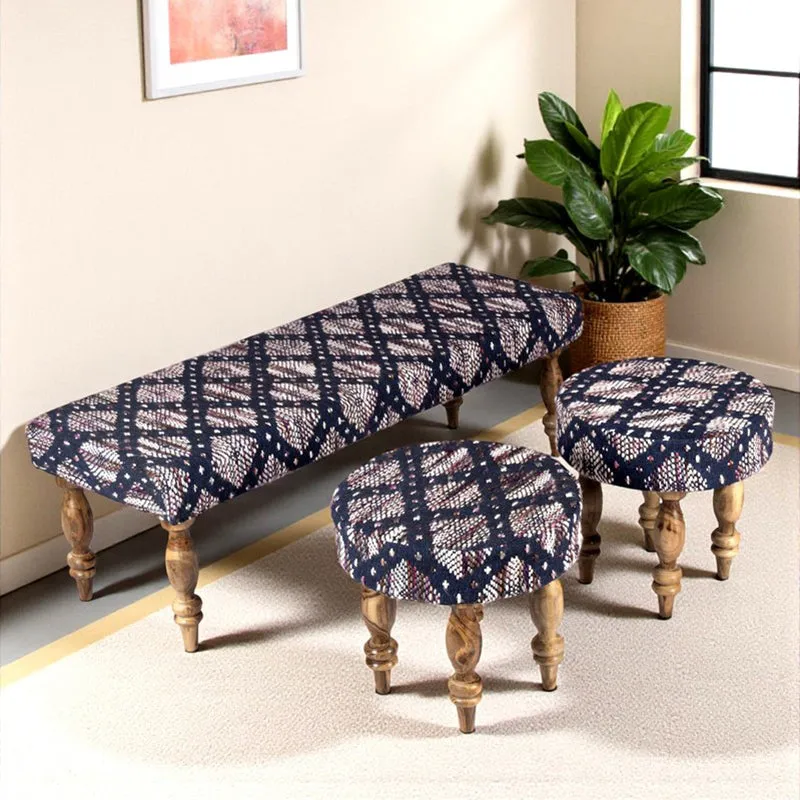 Axion Sheesham Wooden Bench with Stools (Blue) - Three Piece Set media 1