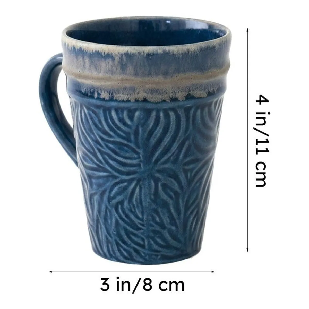 Single dark blue ceramic mug shown with its visible dimensions