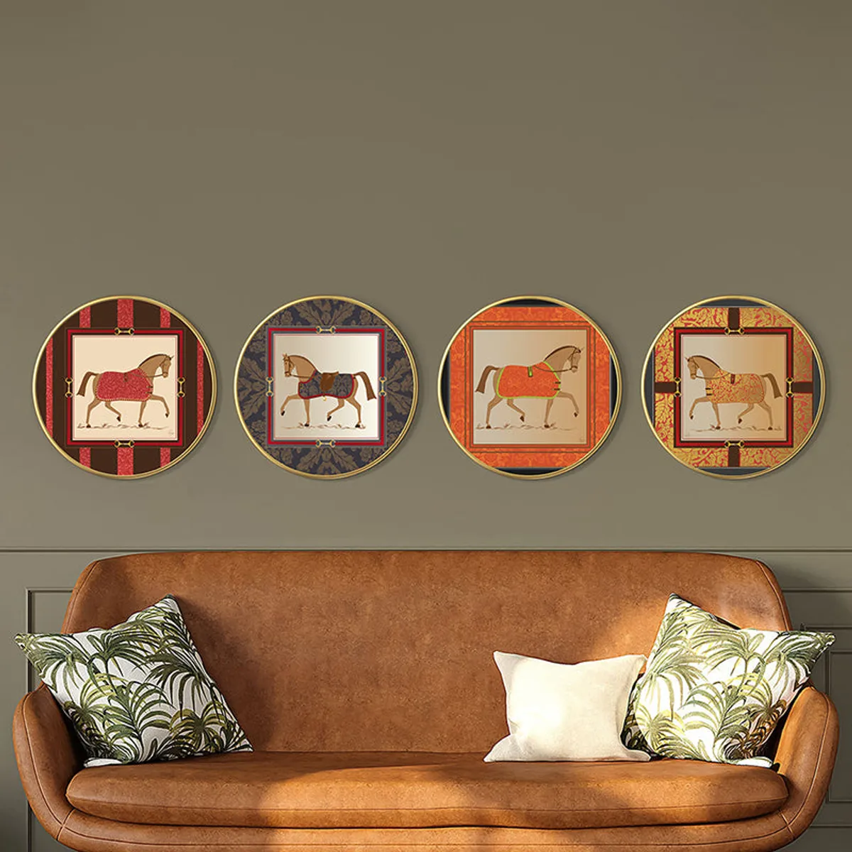 Four round horse wall art pieces styled above a brown sofa with printed cushions