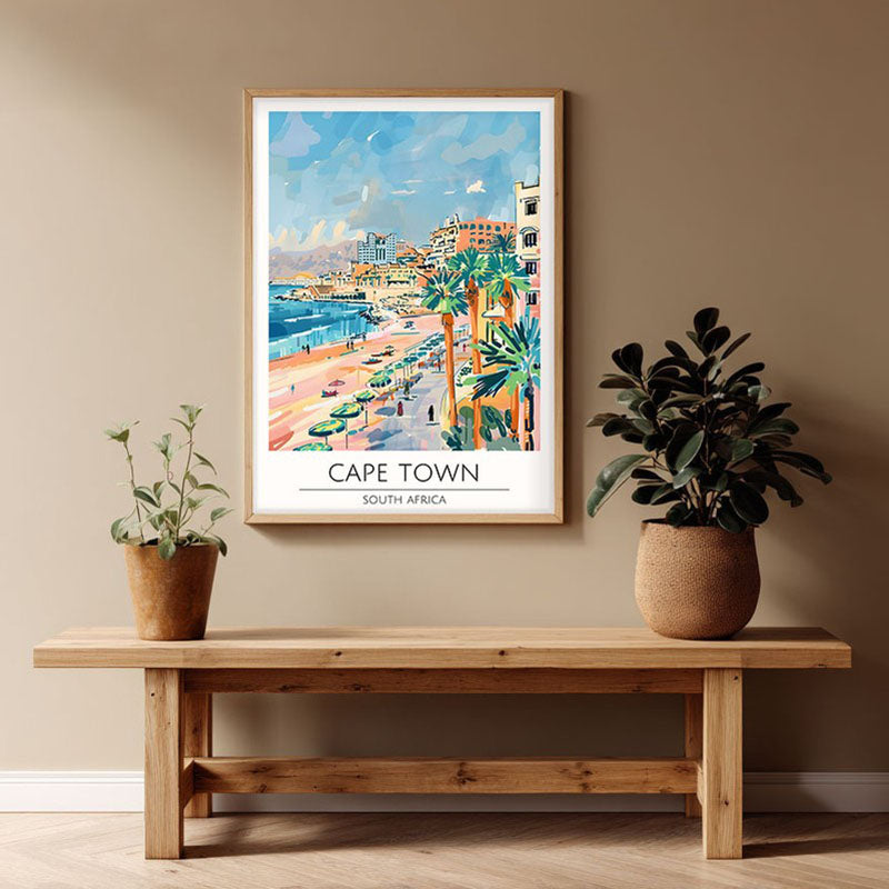 Vintage Cape Town Framed Canvas Archival Canvas Wall Painting - Natural Brown Frame