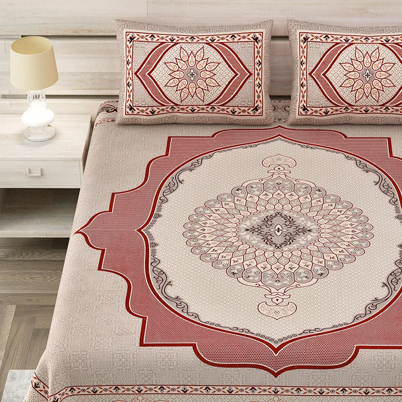 Close view of the printed bedsheet and matching pillow covers on a bed