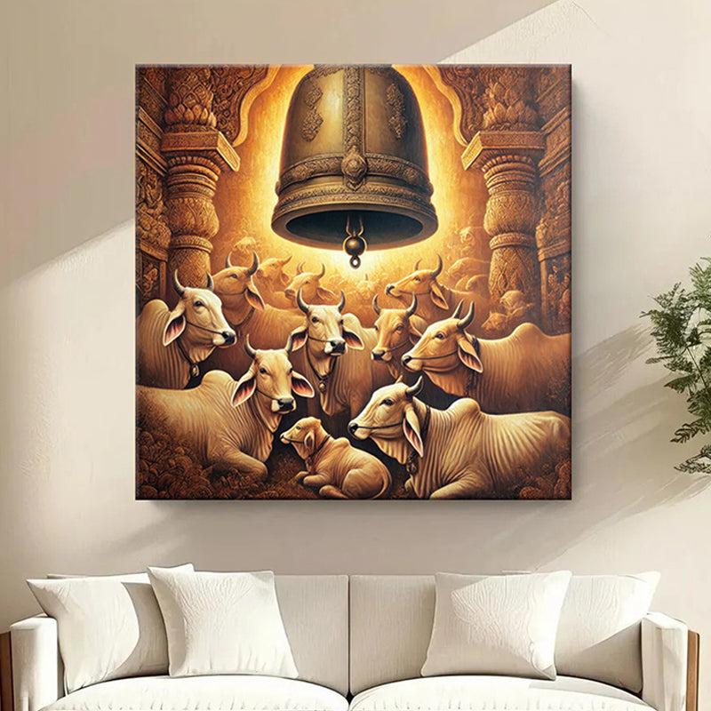 Temple Bell with Resting Cows Poly Canvas Wall Painting