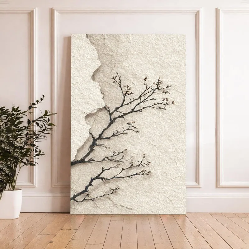 Large abstract branch canvas leaning against a white wall beside a potted plant