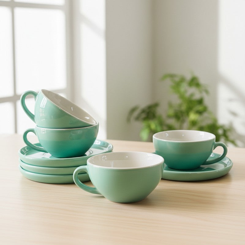 Ceramic Cup & Saucer (Sage Green/240 mL Each) - Set of Four