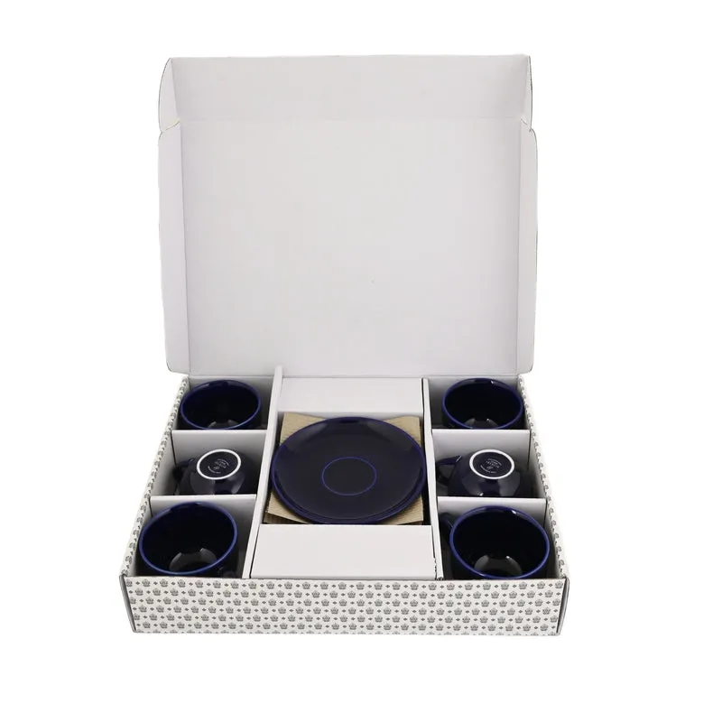 Open presentation box displaying six blue cups and six saucers