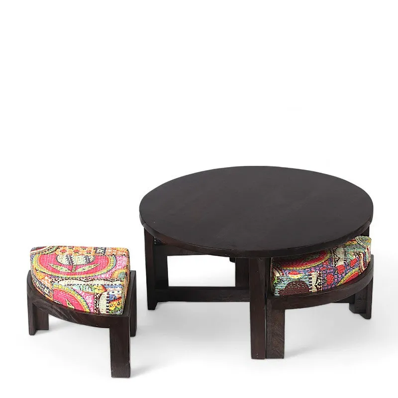 Ixeron Sheesham Wooden Center Table with Stools and Cushions (Brown) - Nine Piece Set media 7