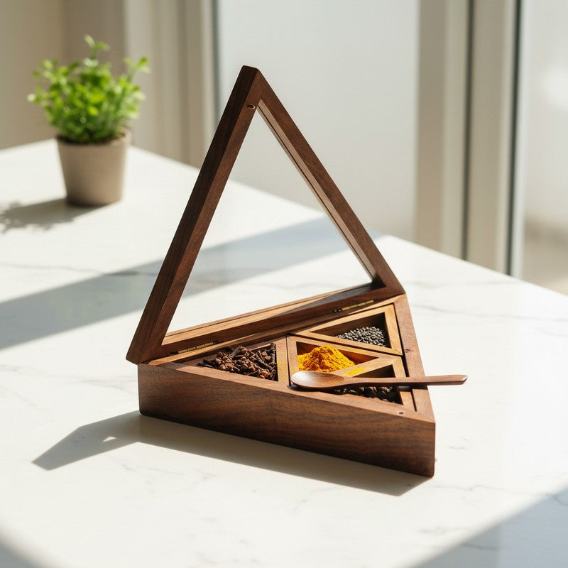 Rasoi Sheesham Wood Triangle Masala Box - Six Piece Set