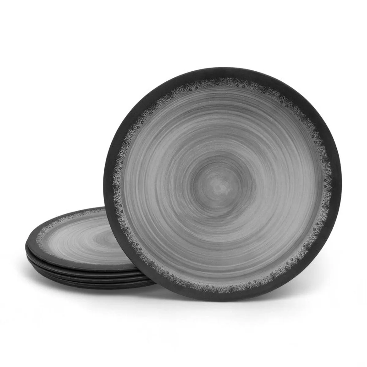 Black and grey dinner plate standing beside a stack of plates