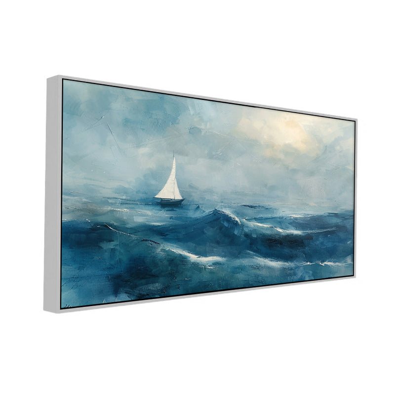 Solitude In Blue Landscape Canvas Wall Painting With Frame - White media 4