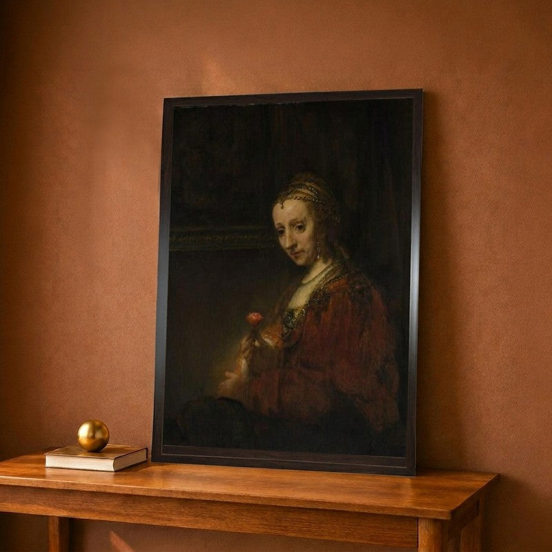 Woman With A Pink C.1660 Canvas Wall Painting - 9 x 12 Inches