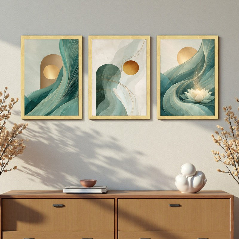 Teal & Terrene Paper Wall Painting With Frame - Set Of Three