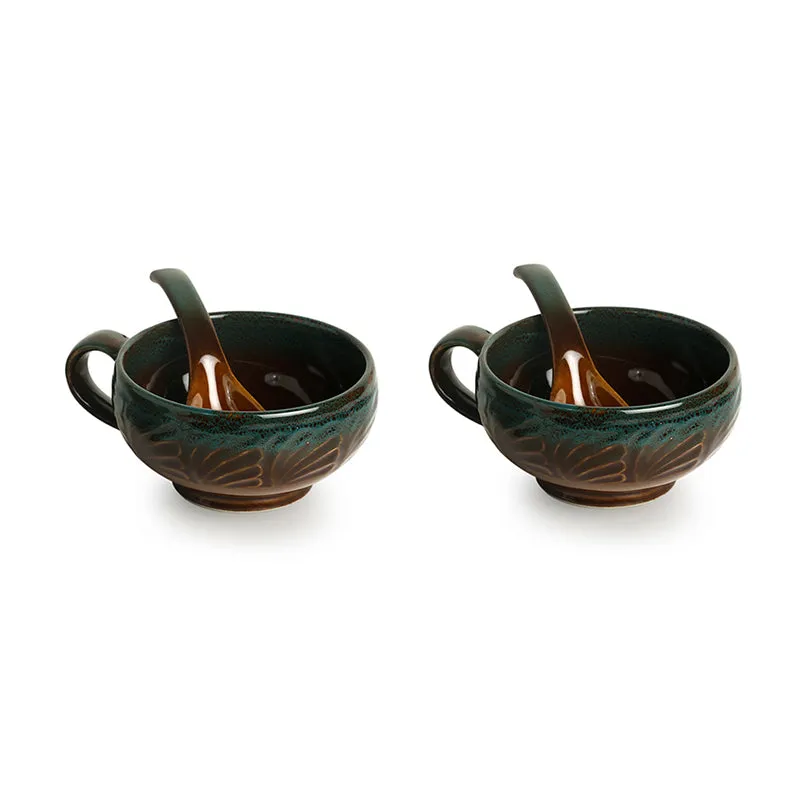 Kalika Handglazed Ceramic Soup Bowl With Spoon (Dark Green/300 mL) - Four Piece Set media 3