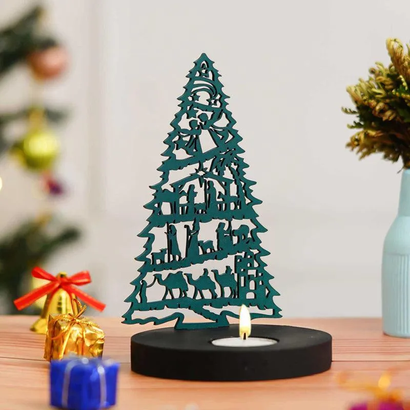 Manger & Tree Wood Christmas Tea Light Holder - Green media 5