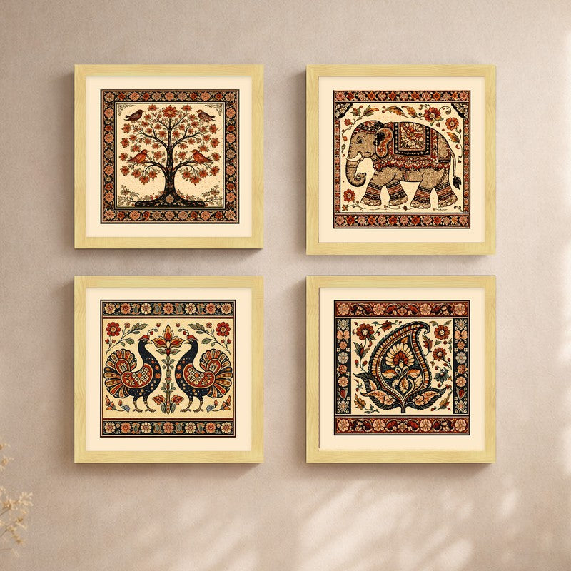 Vintage Folk Art Paper Wall Painting - Set Of Four media 5
