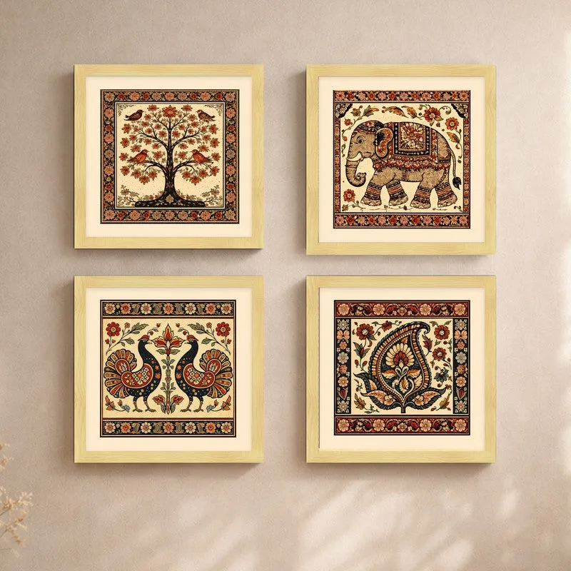 Vintage Folk Art Paper Wall Painting - Set Of Four media 5