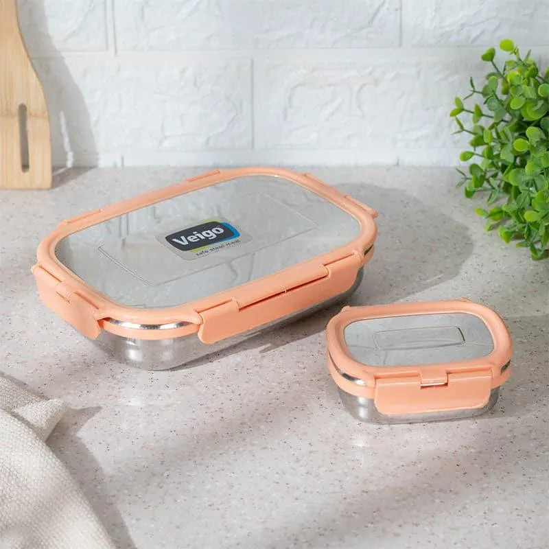Viora Peach Stainless Steel Lunch Box (775/150 mL) - Two Piece Set media 1