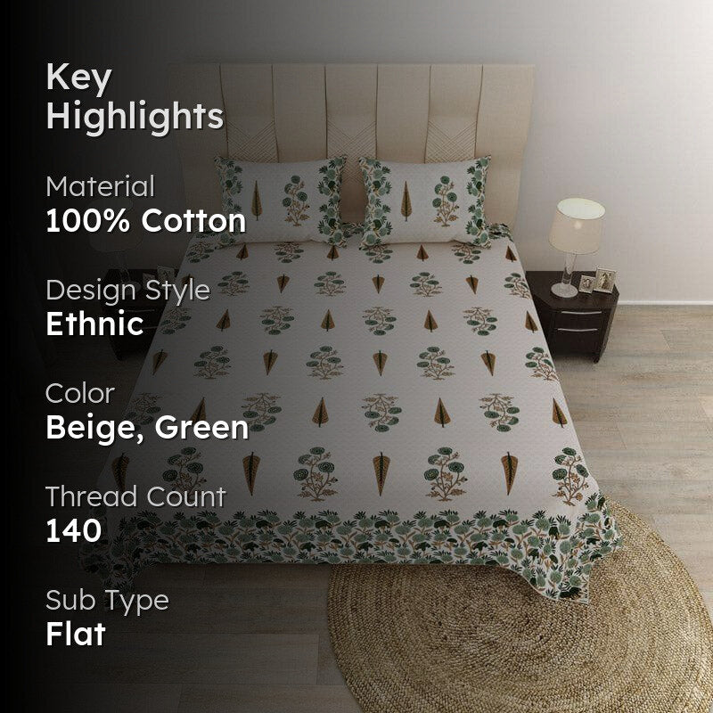Devika Ethnic Printed Cotton Bedsheet (Green) - 140 TC media 2