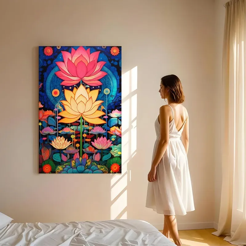 Colourful lotus wall art displayed on a bedroom wall with a woman standing nearby