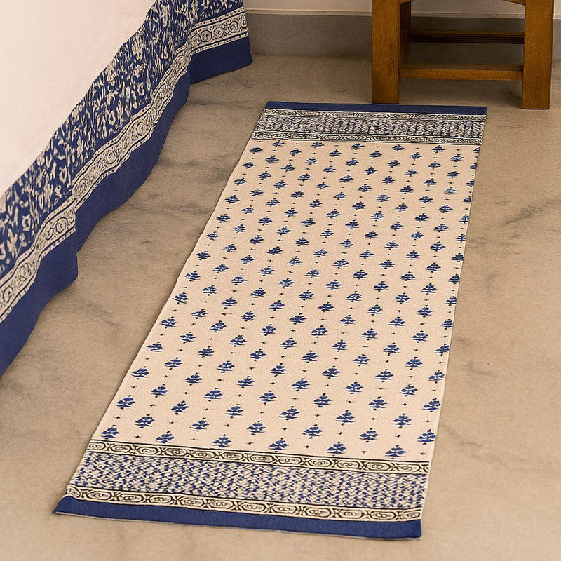 Blue Mosaic Block Print Cotton Runner Rug media 3