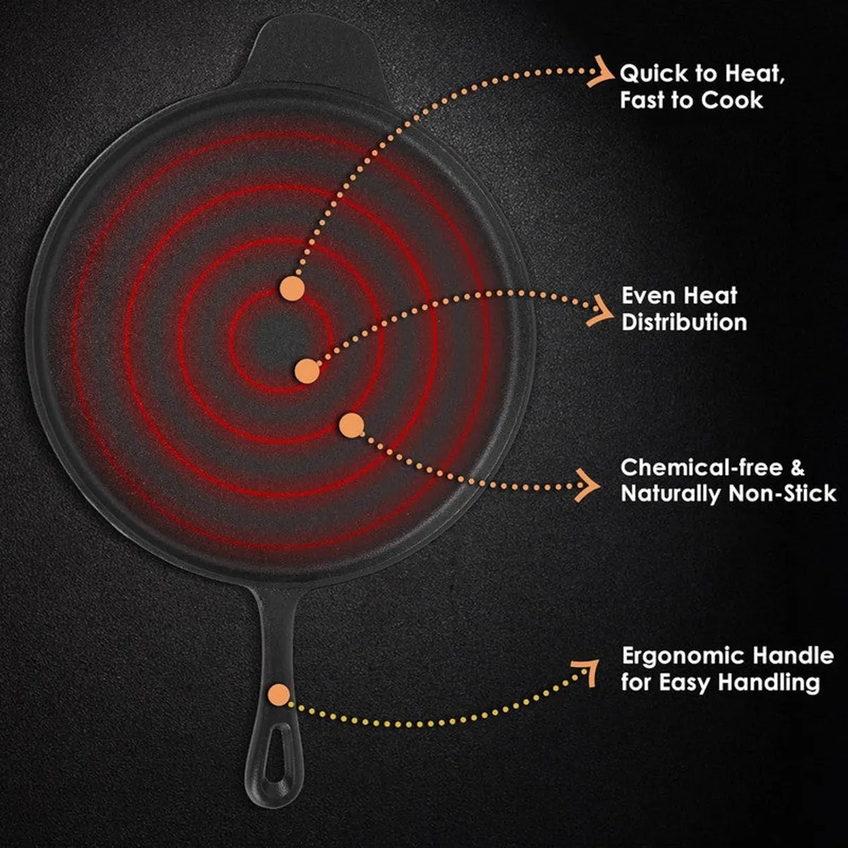 Top view of black cast iron dosa tawa showing round shape and long handle