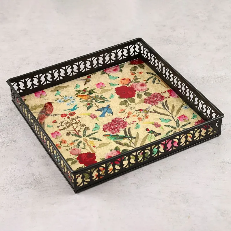 India Circus Floral Multicolor Square Galvanized Iron Serving Tray media 4