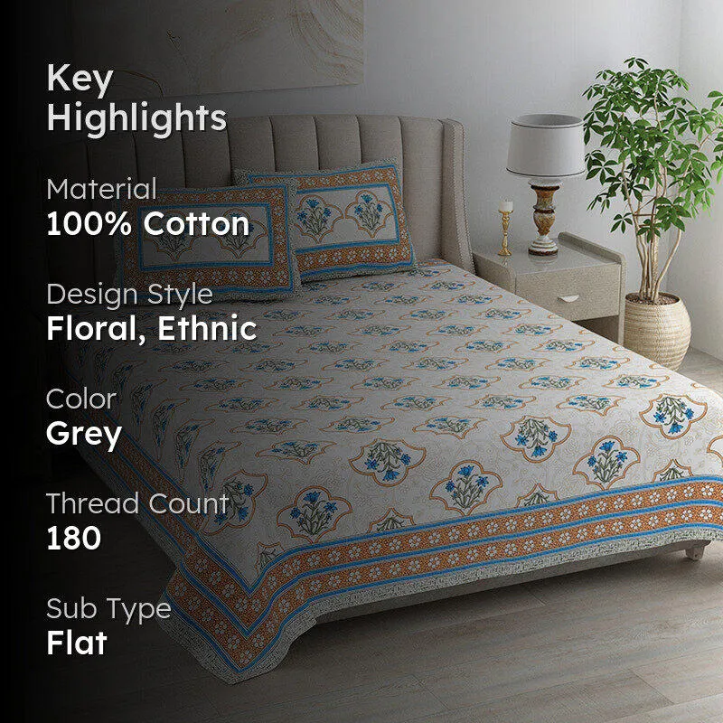 Ishani Cotton Bedsheet (Blue, Orange) - 180 TC media 2