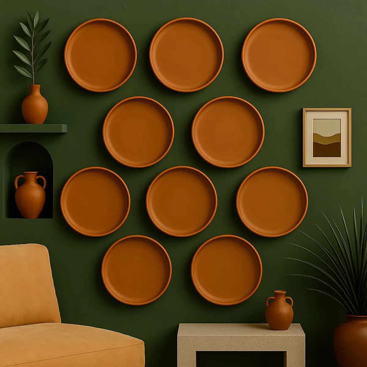 Brown terracotta wall plates arranged on a deep green accent wall