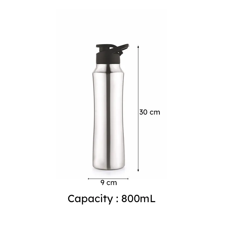 Silver steel bottle with black sipper cap on white background