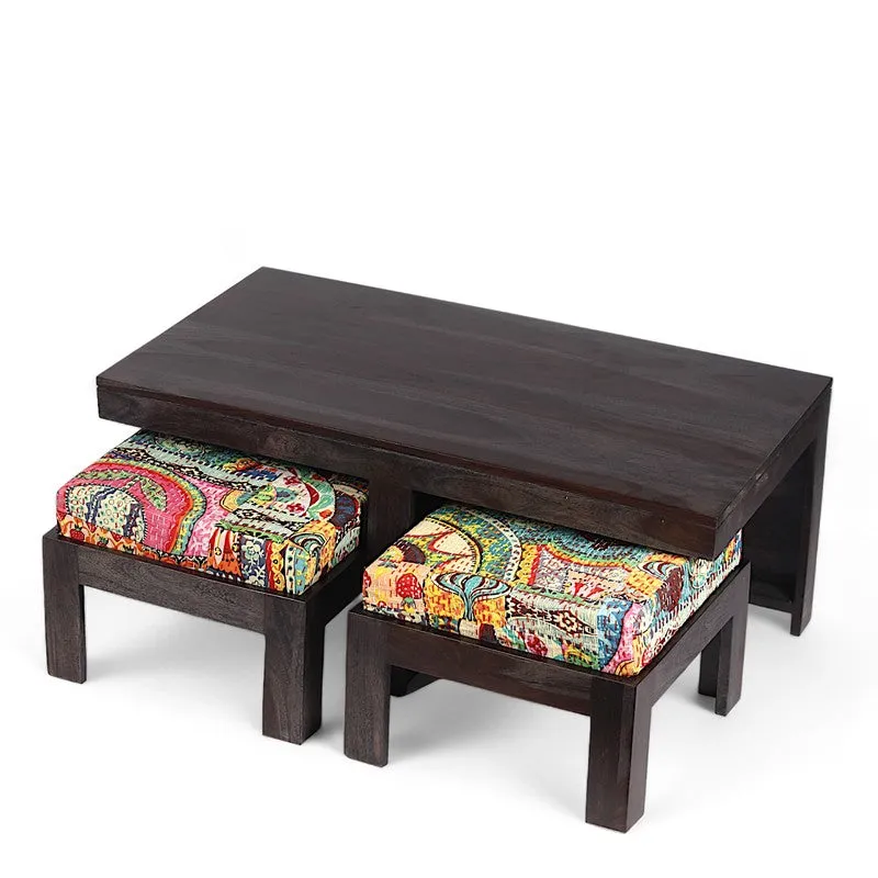 Drexon Sheesham Wooden Center Table with Stools (Deep Brown,Multicolor) - Five Piece Set media 5