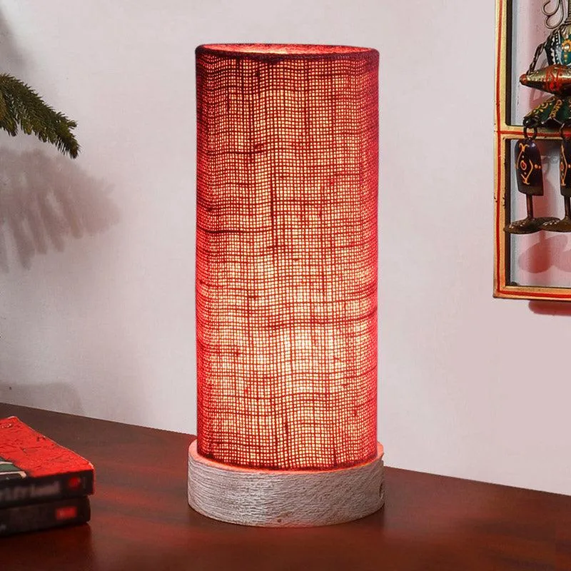 Ocra Tower Wooden Table Lamp With Jute Shade - Maroon,White media 4