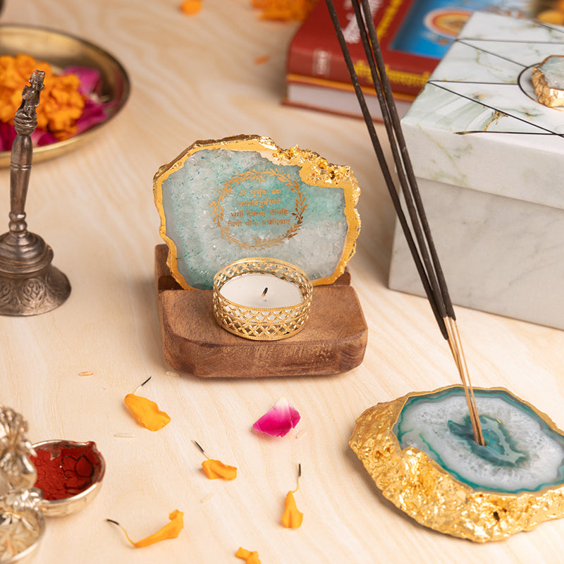 Chakra Glow Agate Tealight Holder With Incense Holder - Two Piece Set