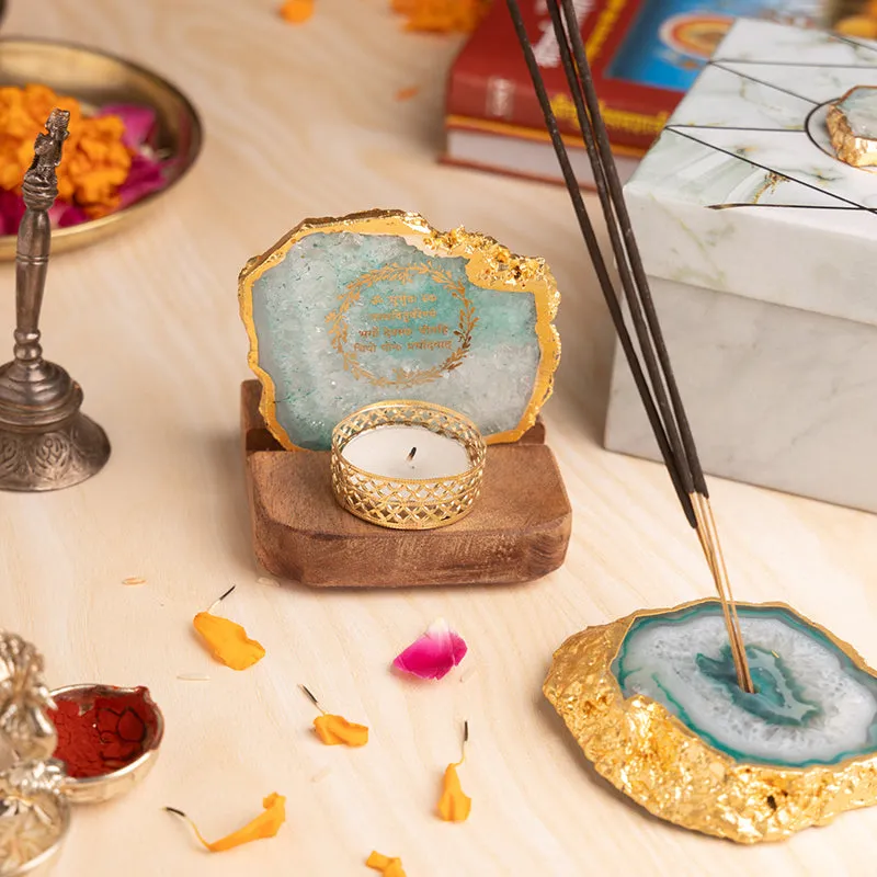 Chakra Glow Agate Tealight Holder With Incense Holder - Two Piece Set media 1