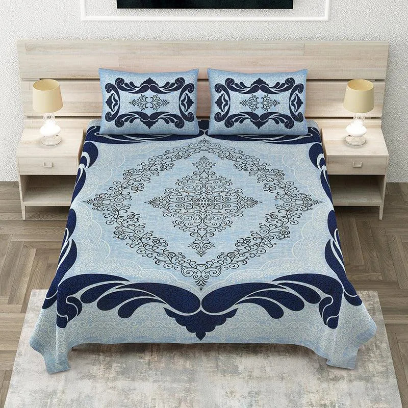 Aarna Artistry Ethnic Cotton Bedsheet (Blue) - 150 TC media 1