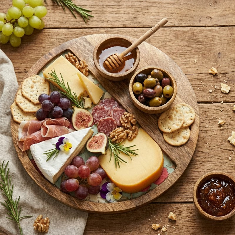 FloriNest Round Mango Wood Platter With Dip Bowl - Four Piece Set