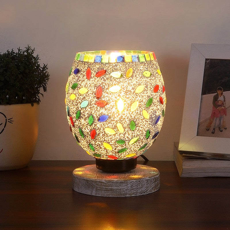 Twilora Mosaic Glass Table Lamp With Wooden Base - Multicolor