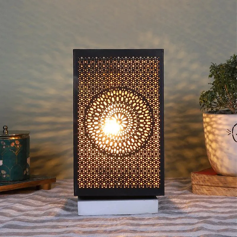 Anura Etched Floral Metal Table Lamp With White Base - Gold media 1