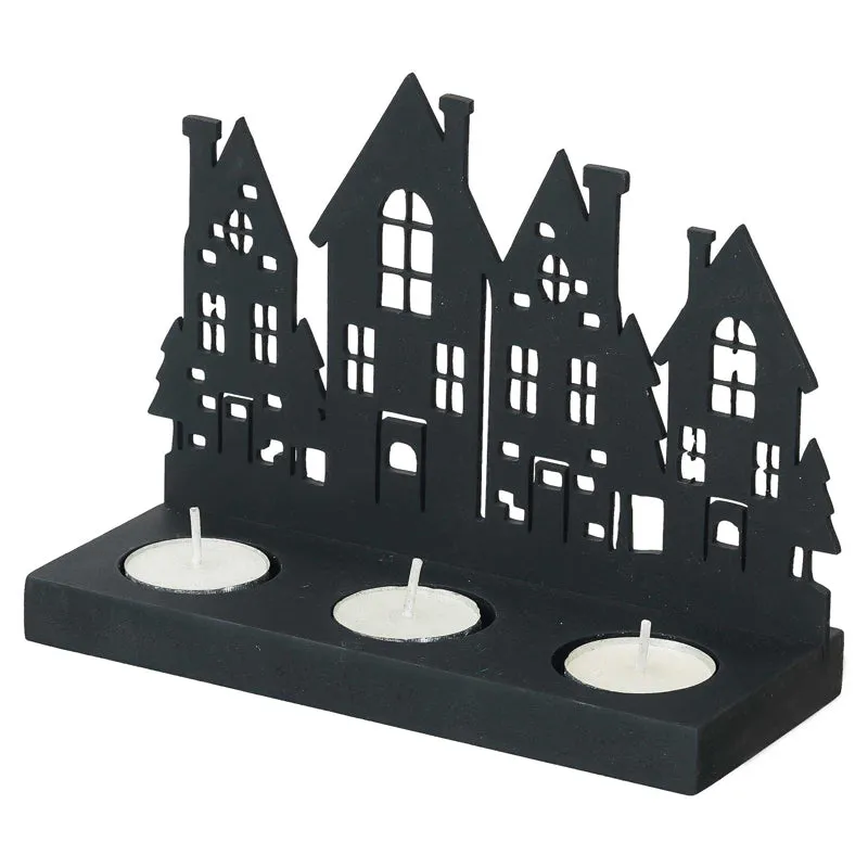 Holiday Village Wood Christmas Tea Light holder - Black media 6