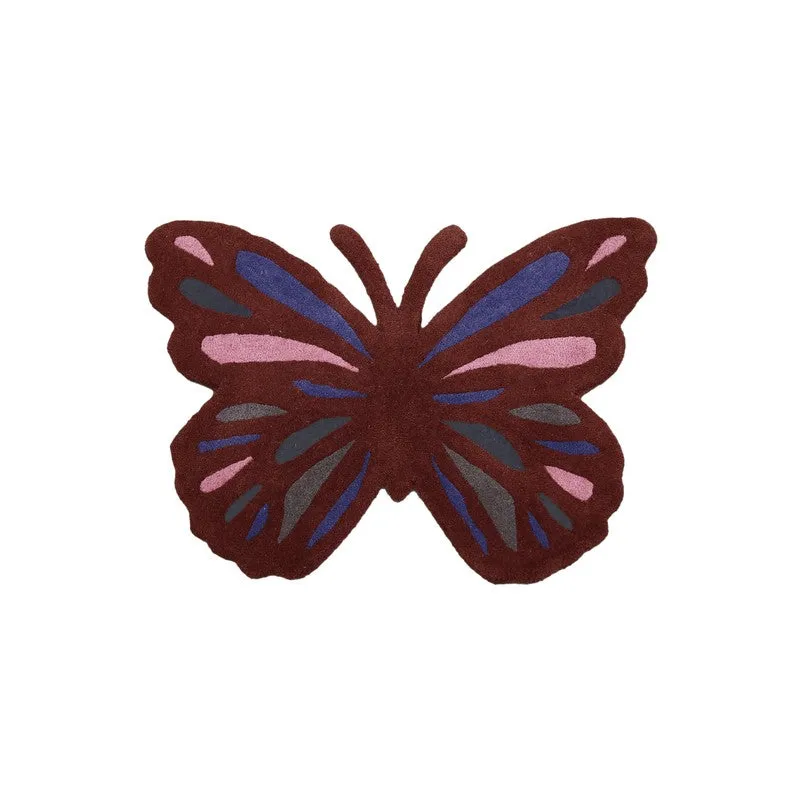 Maroon butterfly-shaped carpet with pink, blue and charcoal wing details