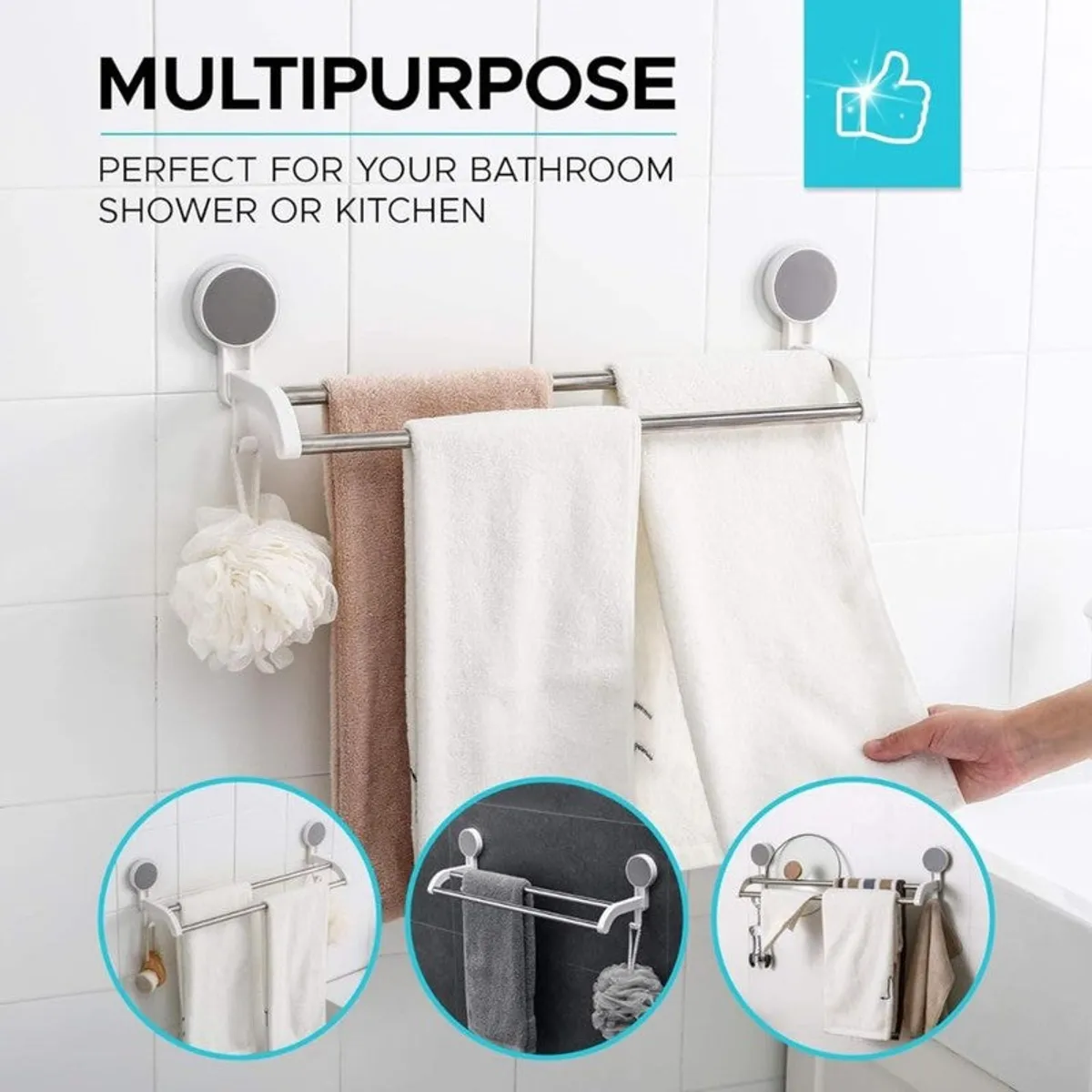 White double bar hanger displayed with towels on a tiled wall
