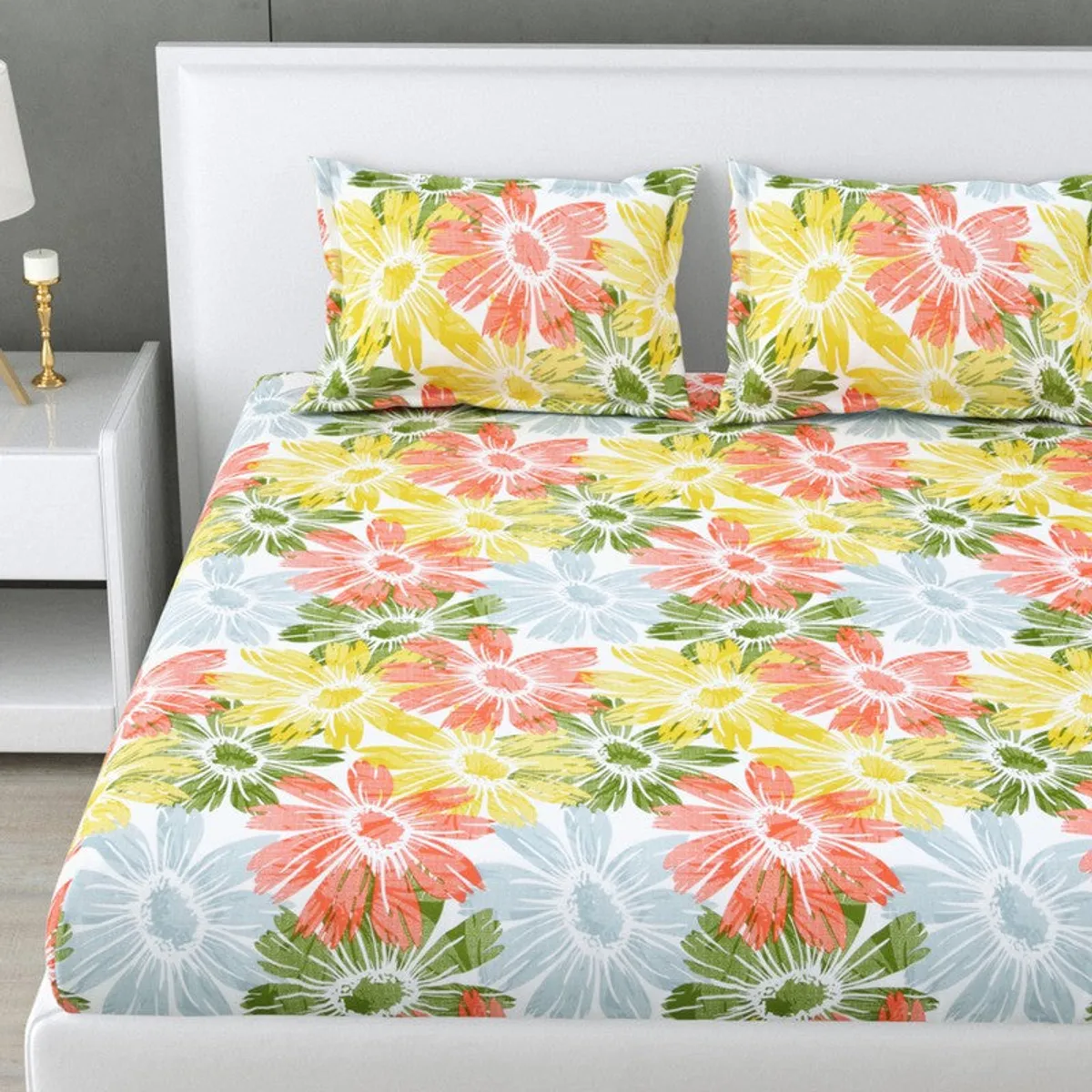Close view of colourful oversized floral pattern across the bedsheet