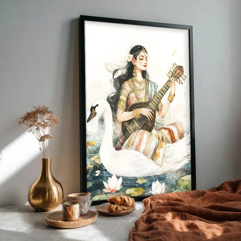 Hamsavahini Saraswati Spiritual Archival Paper Wall Painting With Frame - Black media 4