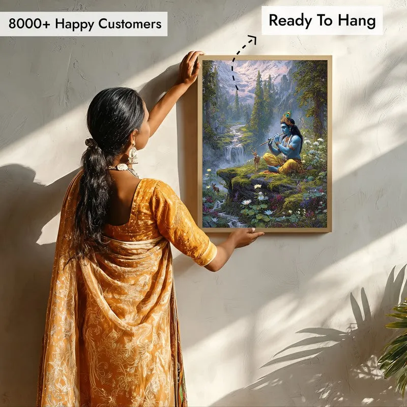 Vrindavan Bihari Lord Krishna Playing Fluit I Archival Paper Wall Art - Natural Brown Frame media 7