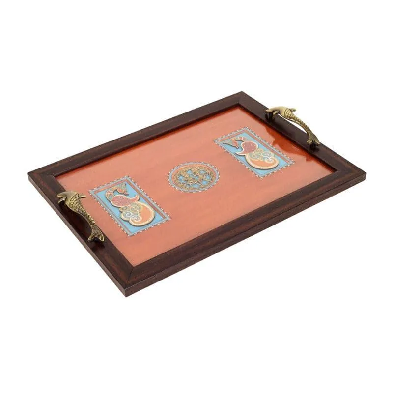 Rectangular Paari wooden tray with orange peacock artwork and brass fish handles