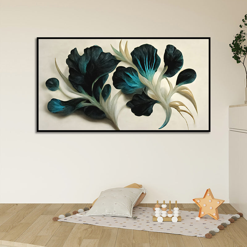 Ebony Indigo Blooms Floral Canvas Wall Painting With Frame - Black