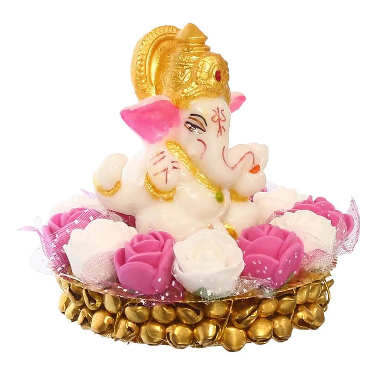 Angled view of Lord Ganesha tealight holder with floral ring and gold base